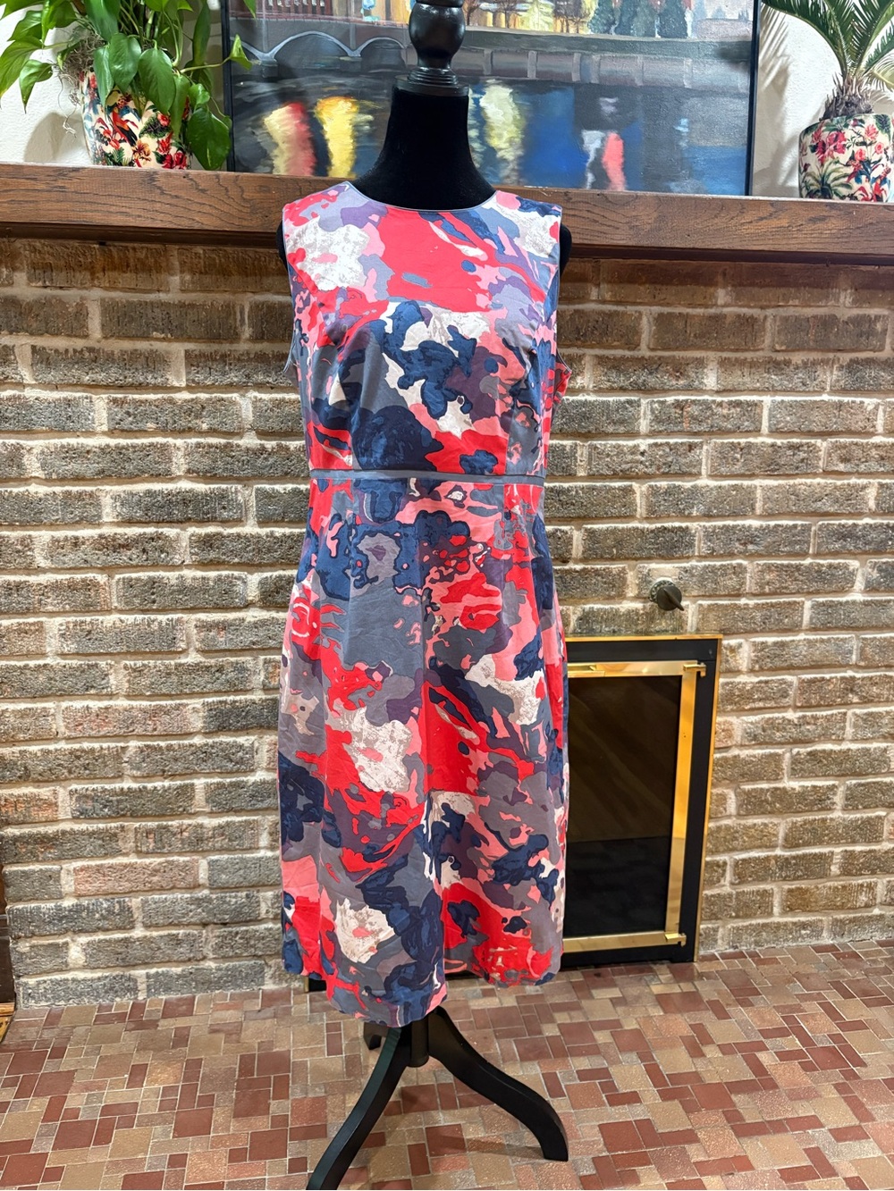 Boden Sleeveless Midi Dress in Red, Navy & Light Pink Camo Print